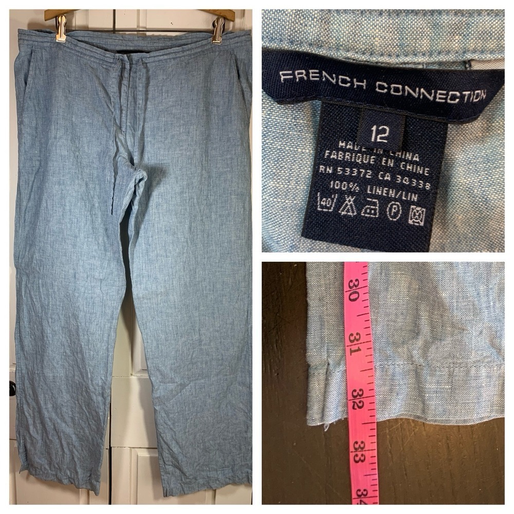 French Connection Pull On Linen Pants Womens 12 Blue Lagenlook Logom Scandi FLAW